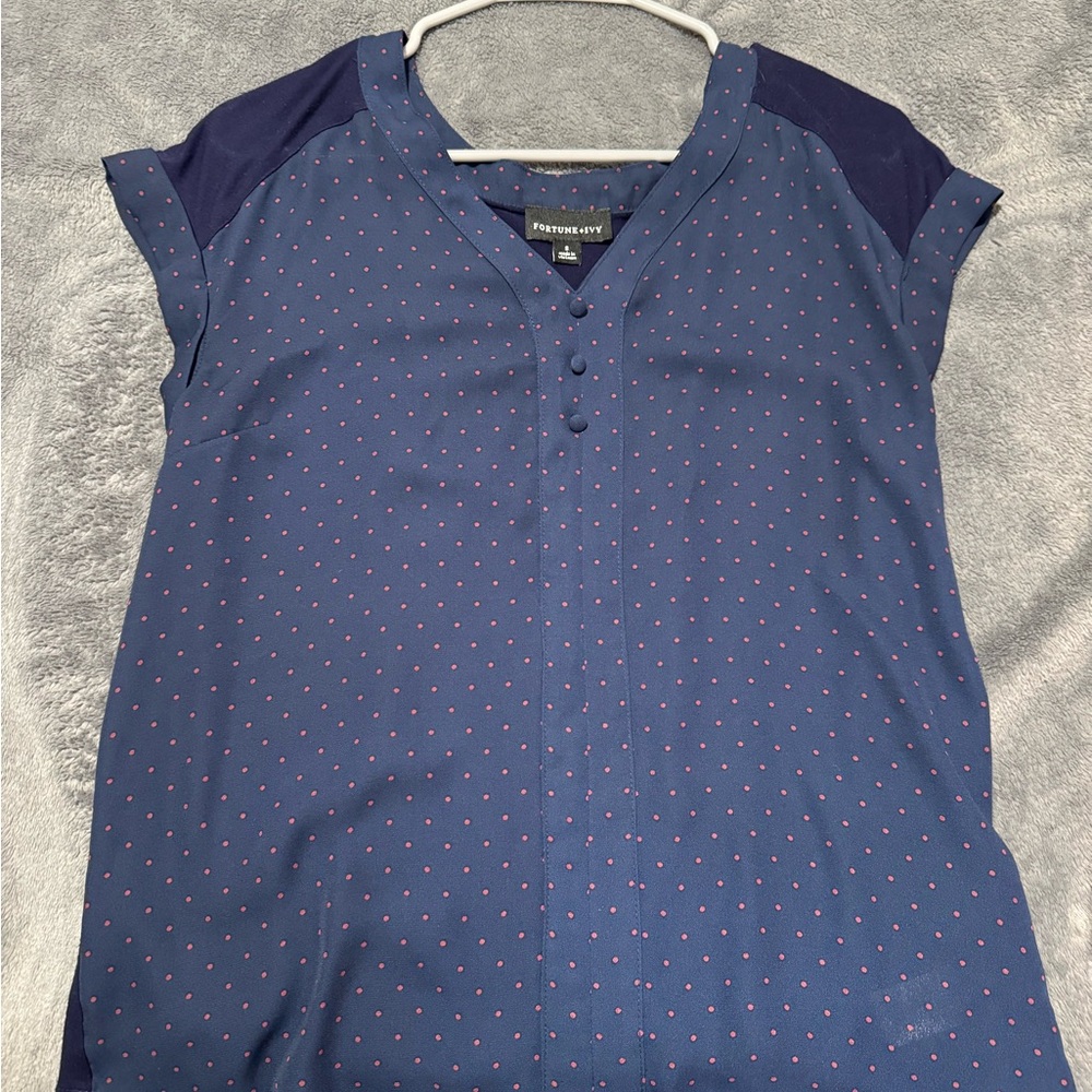 Fortune + Ivy Blue Top with Pink Dots